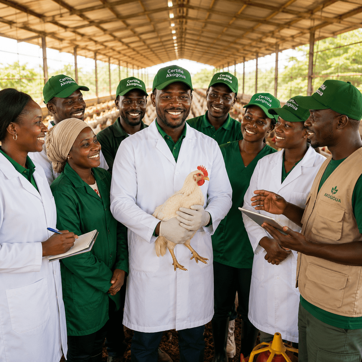 Éleveurs ivoiriens ramassant des œufs dans une ferme